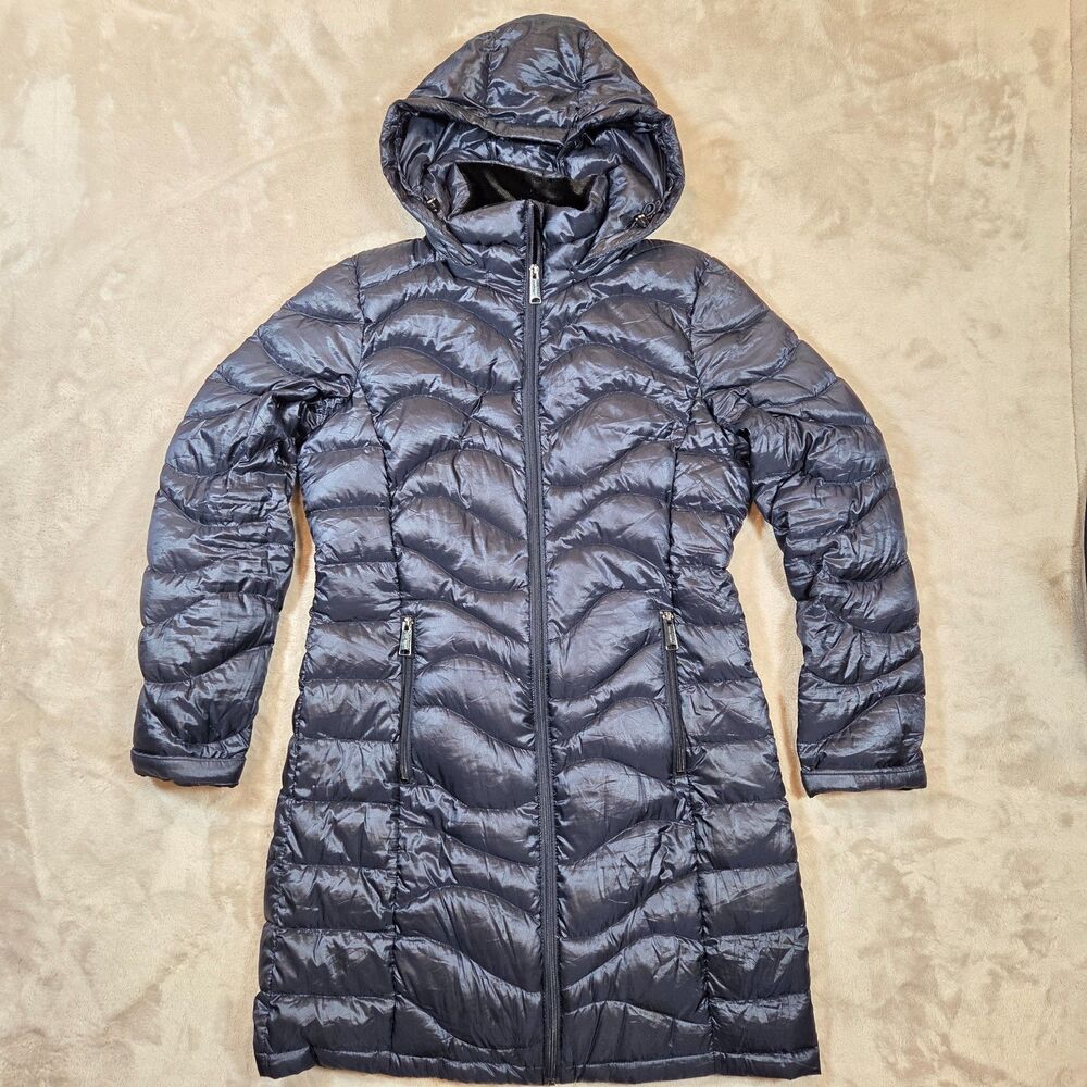 Andrew Marc Womens S 650 Fill Down Long Puffer Coat Packable Hooded Navy